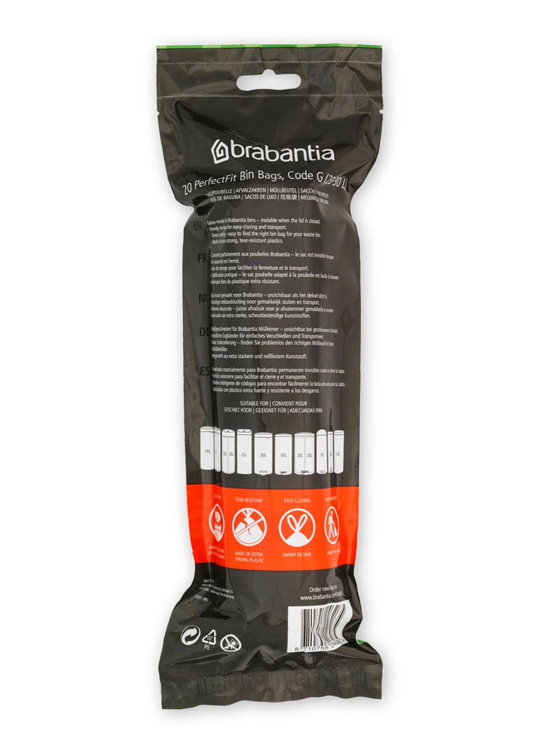 Brabantia Perfect Fit afvalzak code G 23 - 30 liter 6 x 20 stuks - voorkant 2 wit