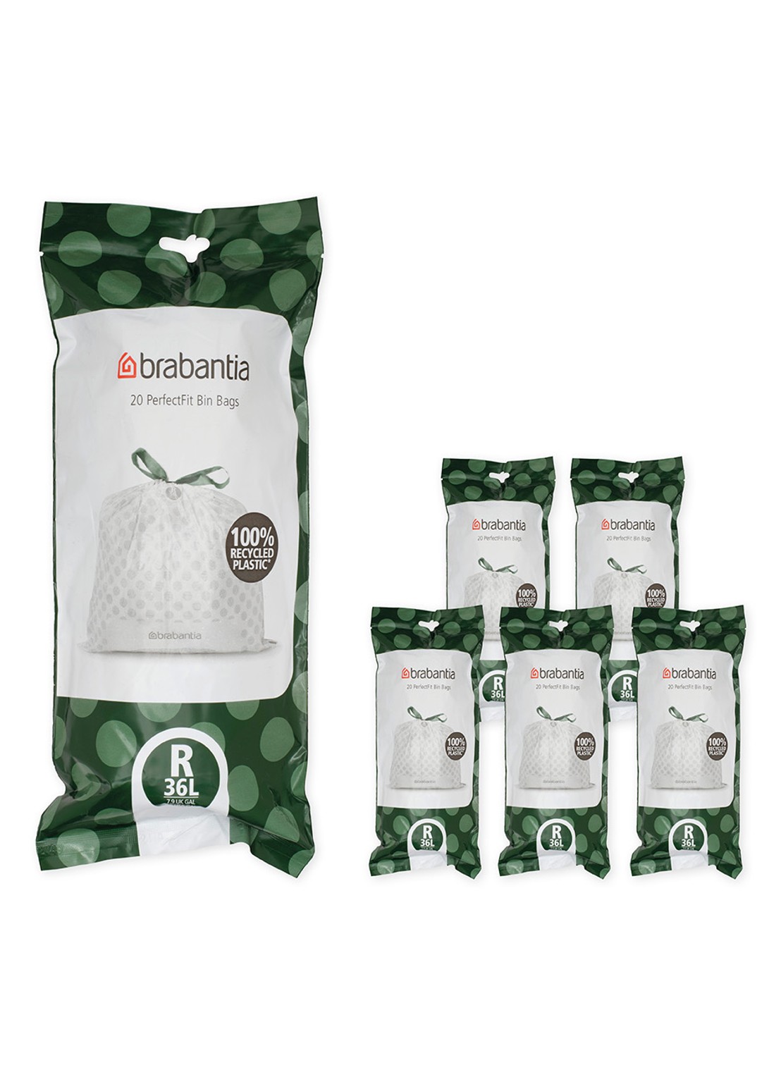 Brabantia Perfect Fit afvalzak code R 36 liter 6 x 20 stuks - voorkant 6 wit