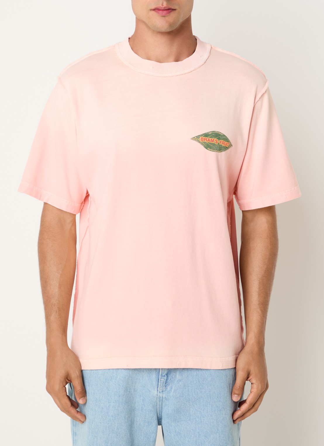 Bram's Fruit Distressed Leaf T-shirt met logo- en backprint - achterkant roze
