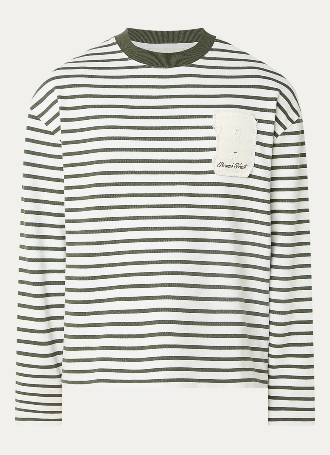 Bram's Fruit Varsity longsleeve T-shirt met logo en streepprint - voorkant 2 legergroen
