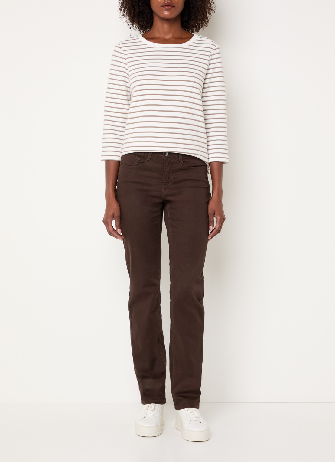 BRAX Bonnie longsleeve met streepprint en structuur - voorkant 3 taupe