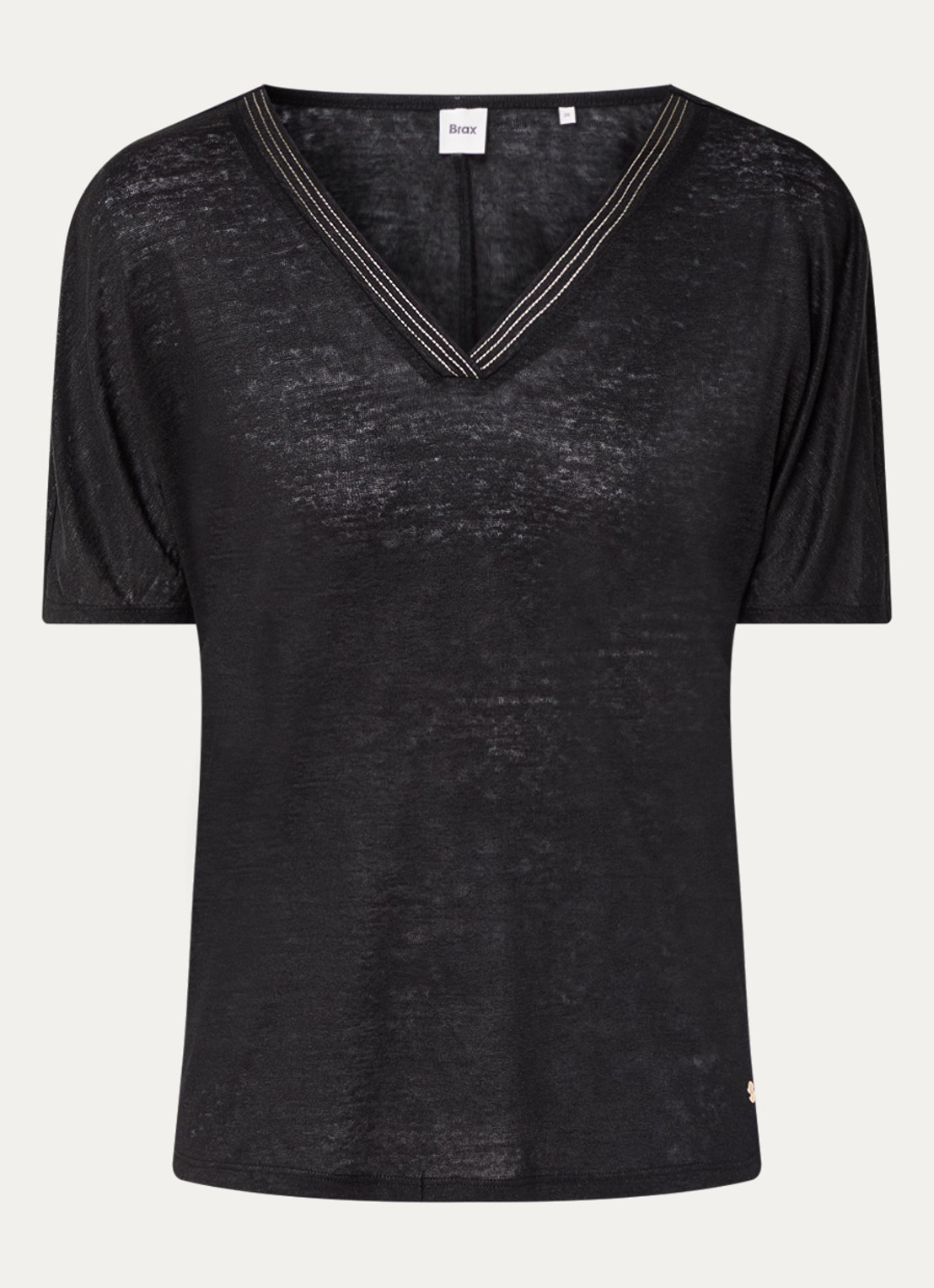 BRAX Caelen T-shirt van linnen met V-hals  - voorkant zwart