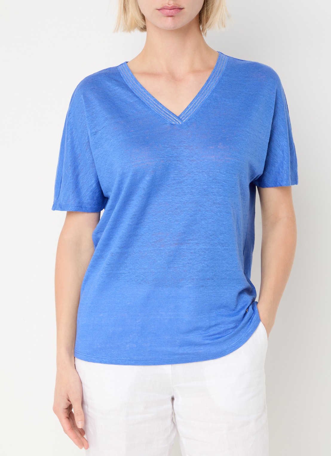 BRAX Caelen T-shirt van linnen met V-hals  - detail 4 donkerblauw