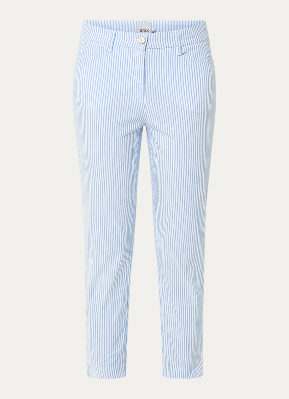 BRAX Mara mid waist cropped slim fit broek met streepprint en steekzakken - voorkant 2 lichtblauw