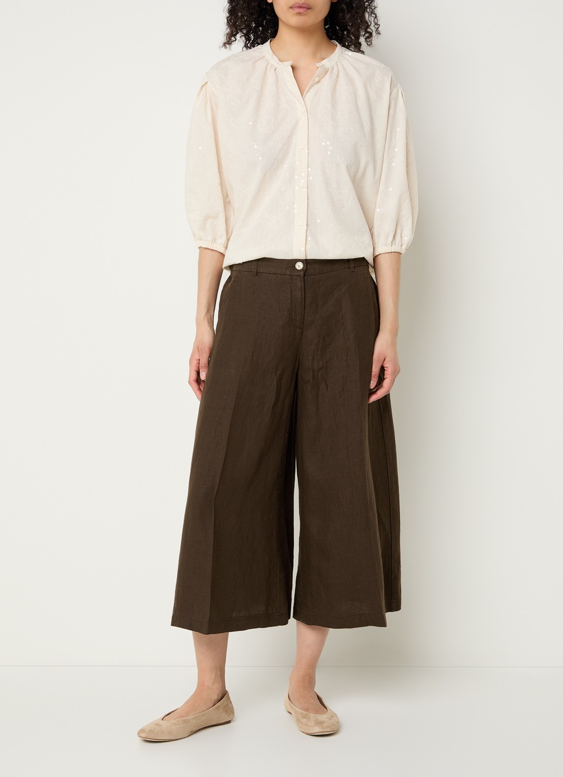 BRAX Melli high waist wide leg culotte van linnen met steekzakken - voorkant 3 donkerbruin