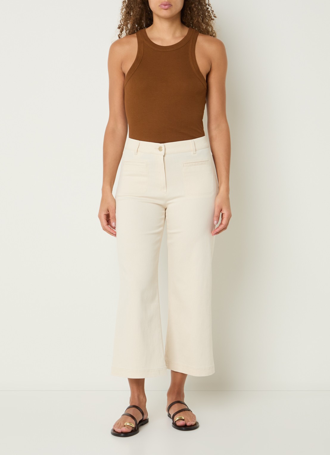 BRAX Peggy mid waist straight fit cropped broek van chambray - voorkant 2 creme