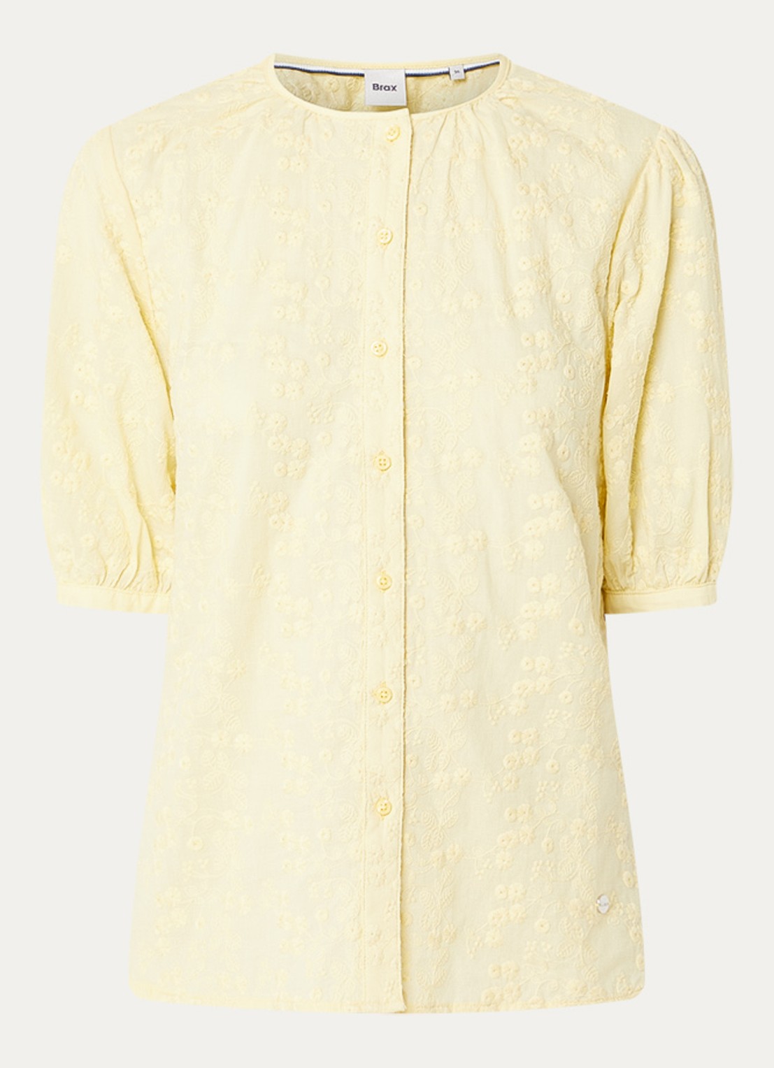 BRAX Vea blouse met broderie en ballonmouw - voorkant geel