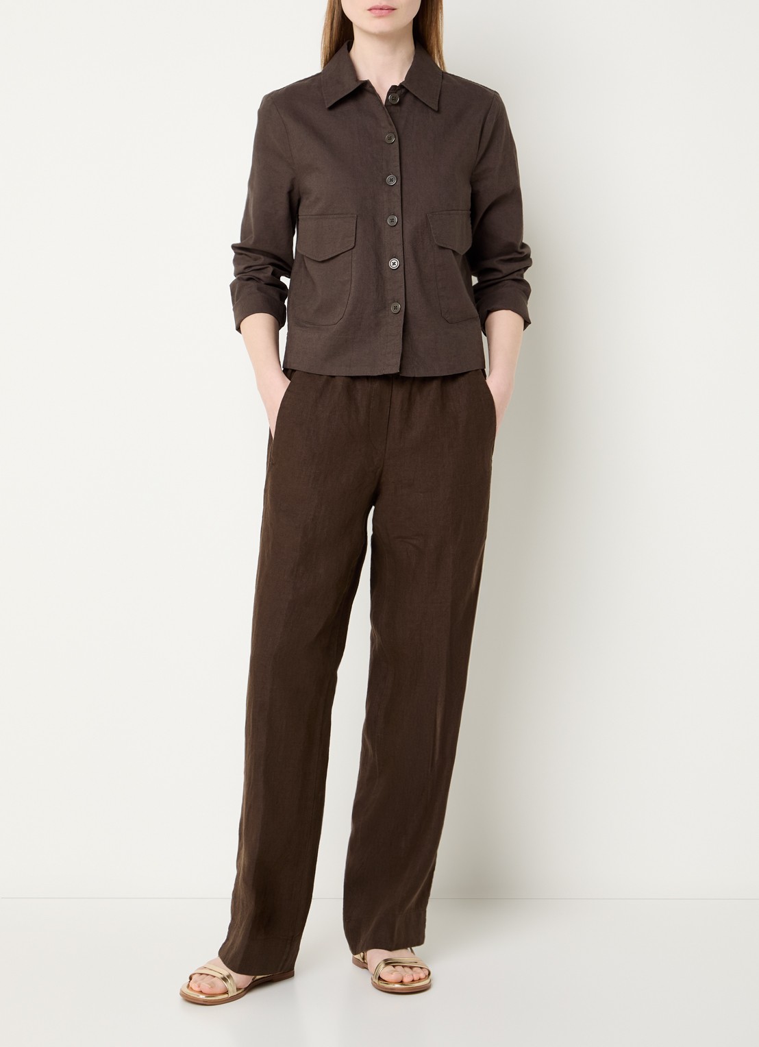 BRAX Vega blouse in linnenblend met opgestikte zakken - voorkant 3 bronsgroen