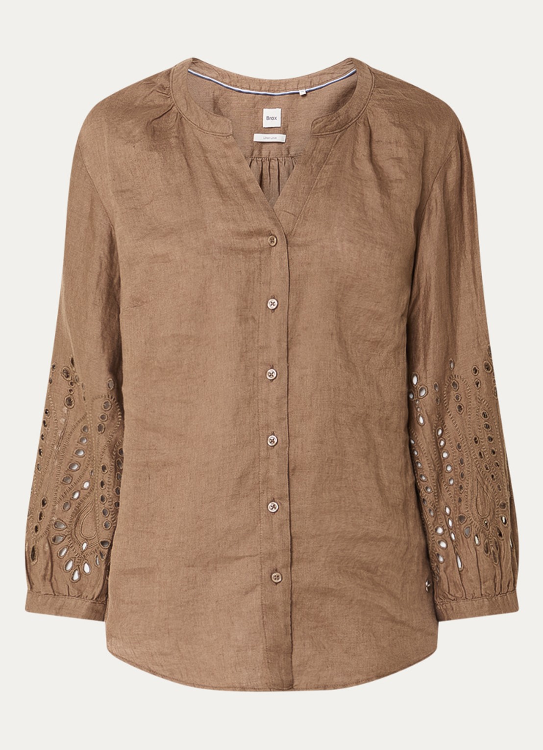 BRAX Velia blouse van linnen met broderie - voorkant 2 bruin