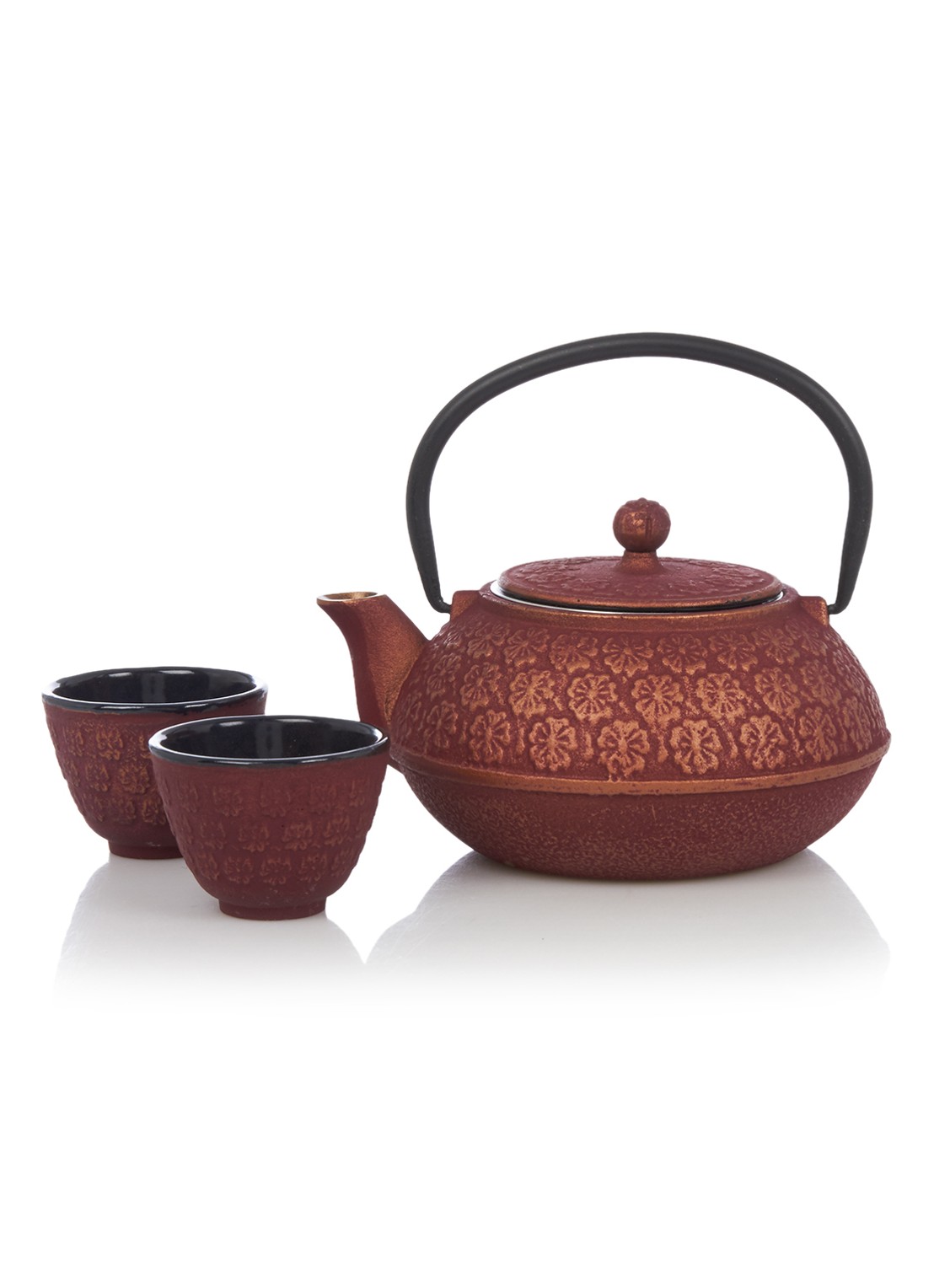 Bredemeijer Shanghai theepot met kopjes set van 3 - voorkant steenrood