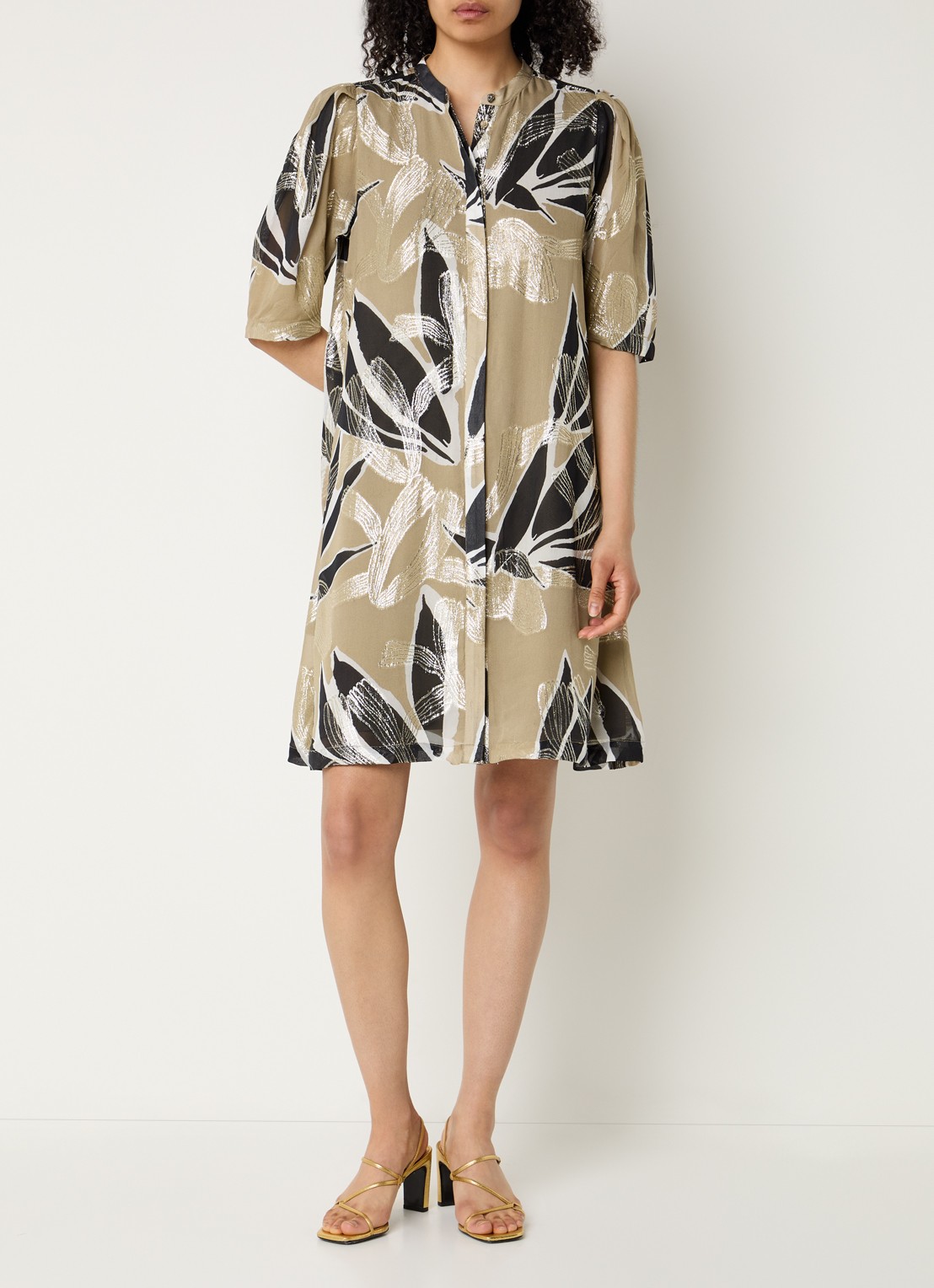 Bruuns Bazaar Diega mini blousejurk met print - voorkant 2 khaki