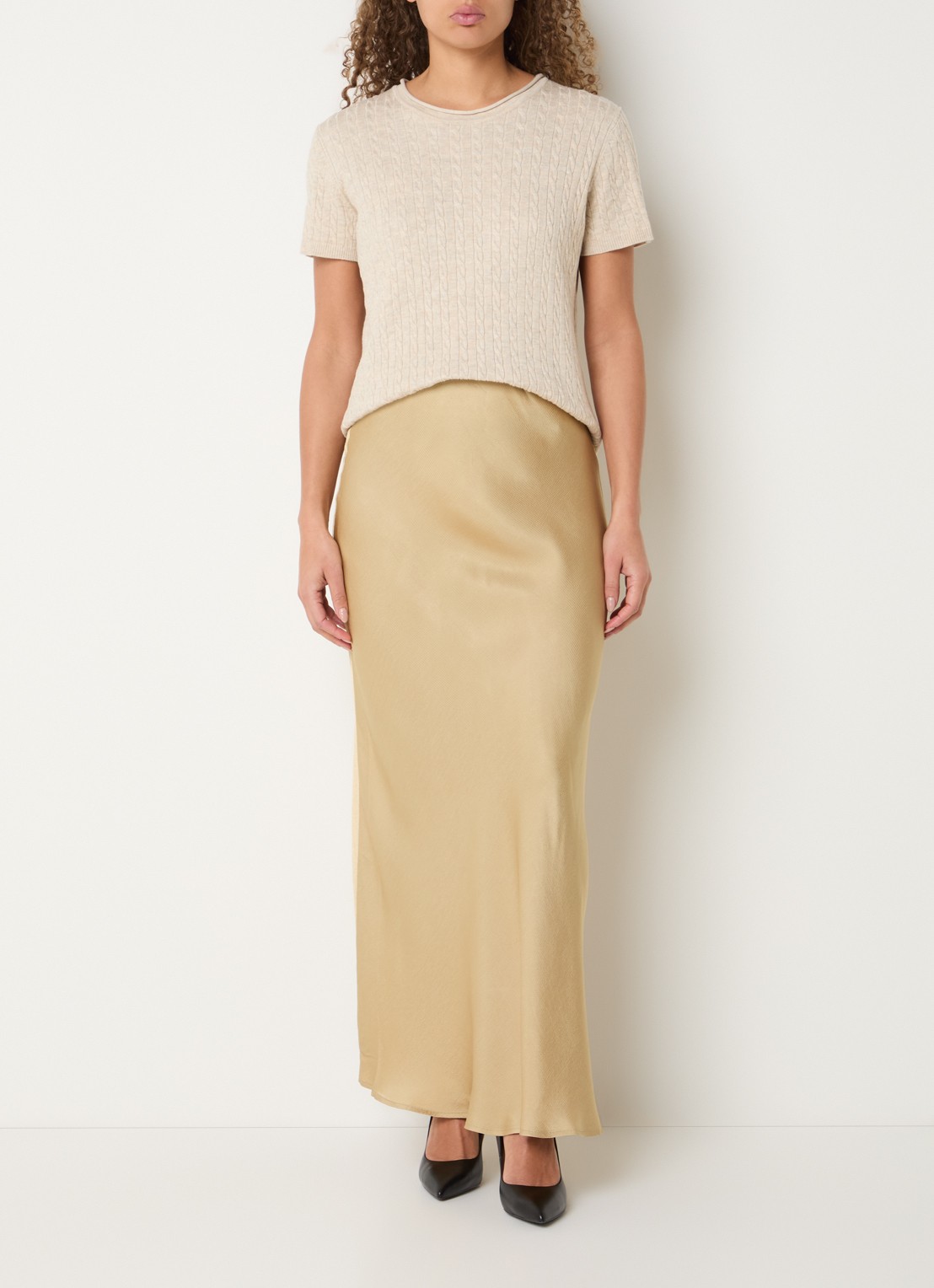 Bruuns Bazaar Glenda kabelgebreide T-shirt - voorkant 2 donkerbeige