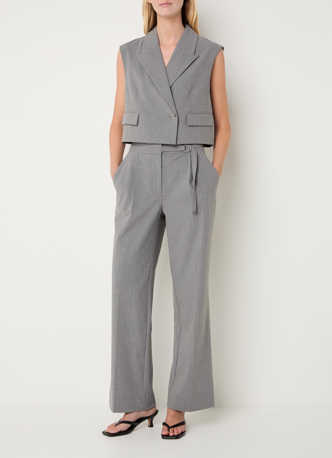Bruuns Bazaar High waist straight fit pantalon met krijtstreep - voorkant 4 grijs