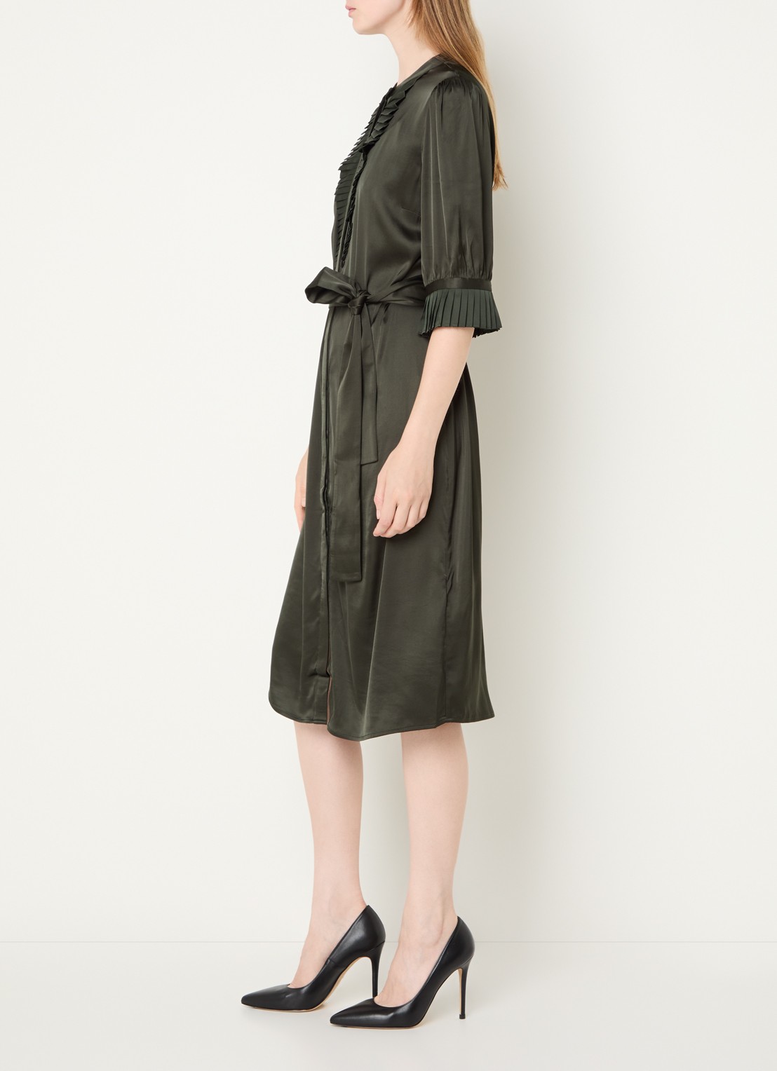 Bruuns Bazaar Midi blousejurk met strikceintuur - voorkant 3 groen