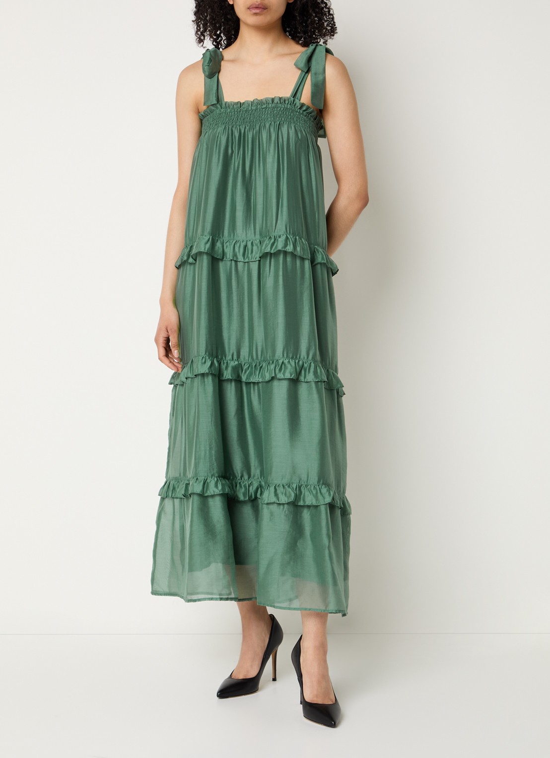 Bruuns Bazaar Tellea maxi jurk met volant - detail groen