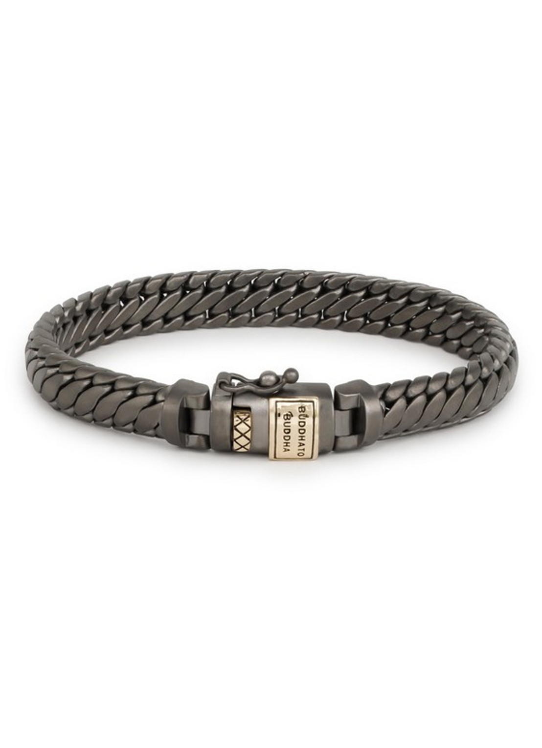Buddha to Buddha Ben XS schakelarmband van zilver met detail van 14 karaat geelgoud - voorkant donkergrijs