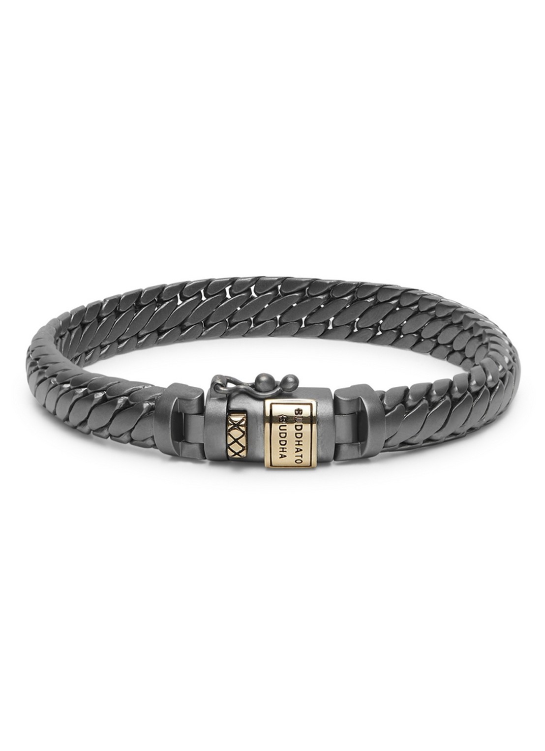 Buddha to Buddha Ben XS schakelarmband van zilver met detail van 14 karaat geelgoud - voorkant 3 donkergrijs