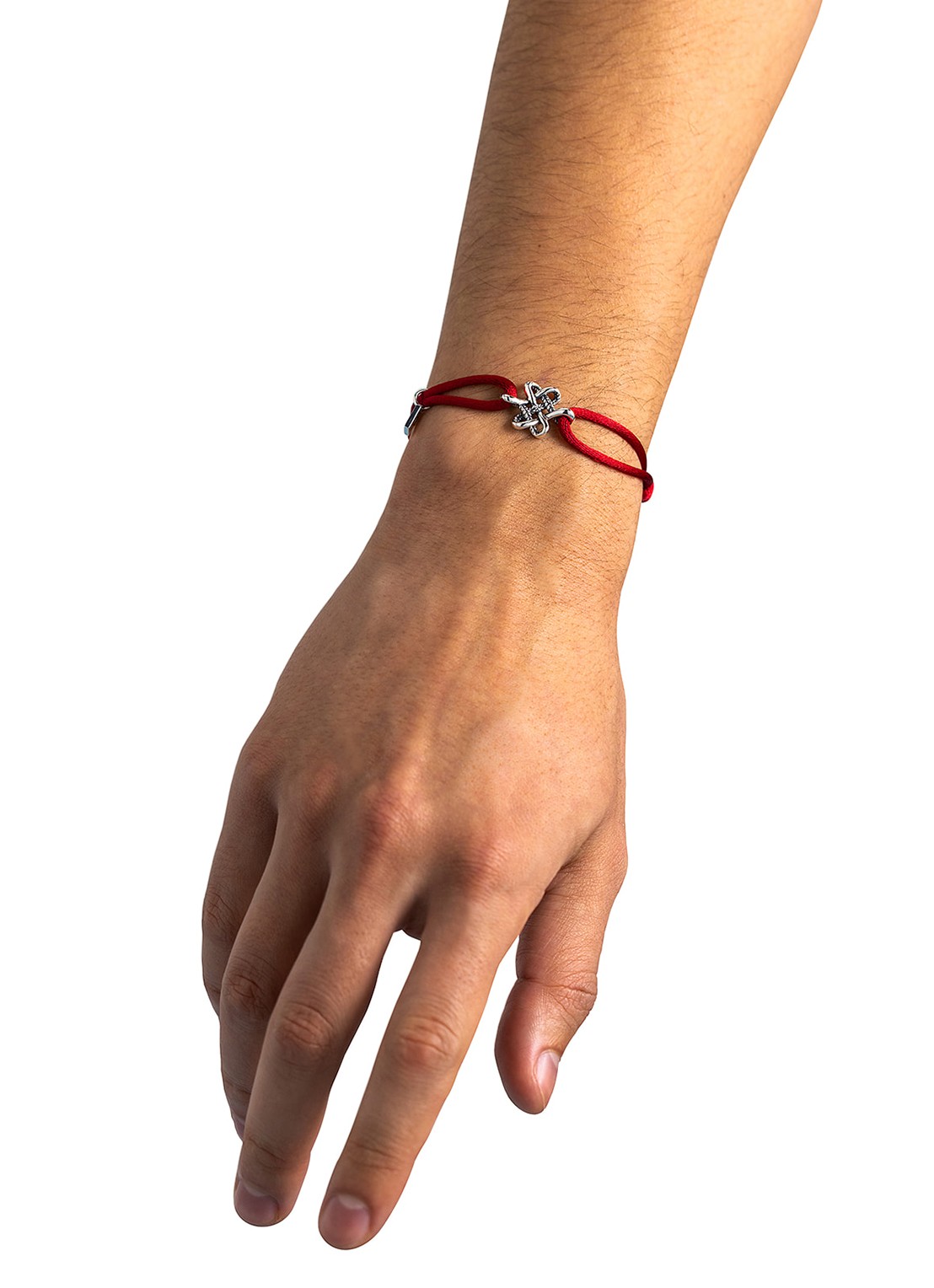 Buddha to Buddha Endless Knot Cord armband van zilver - detail 3 rood