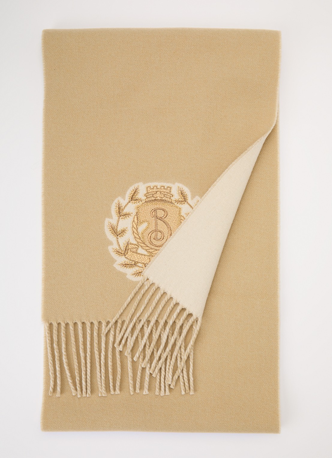 Burberry B Crest sjaal van kasjmier met borduring 165 x 33 cm - voorkant 2 zand