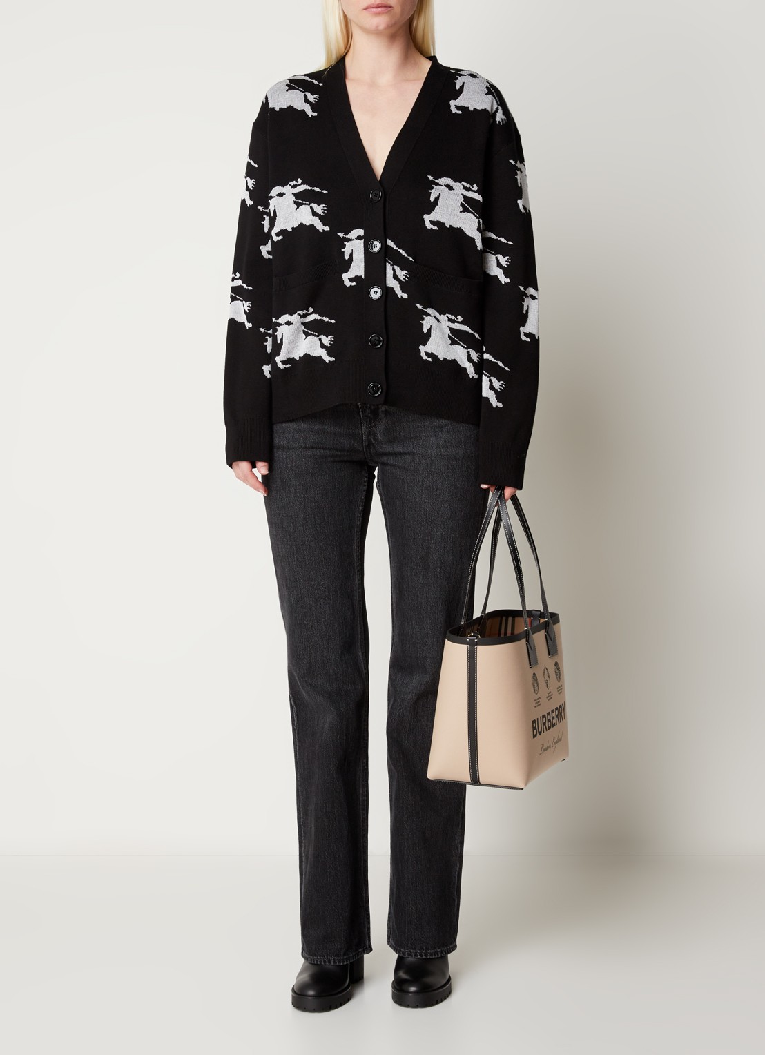Burberry Brittany fijngebreid vest in zijdeblend met logoprint - voorkant 3 zwart