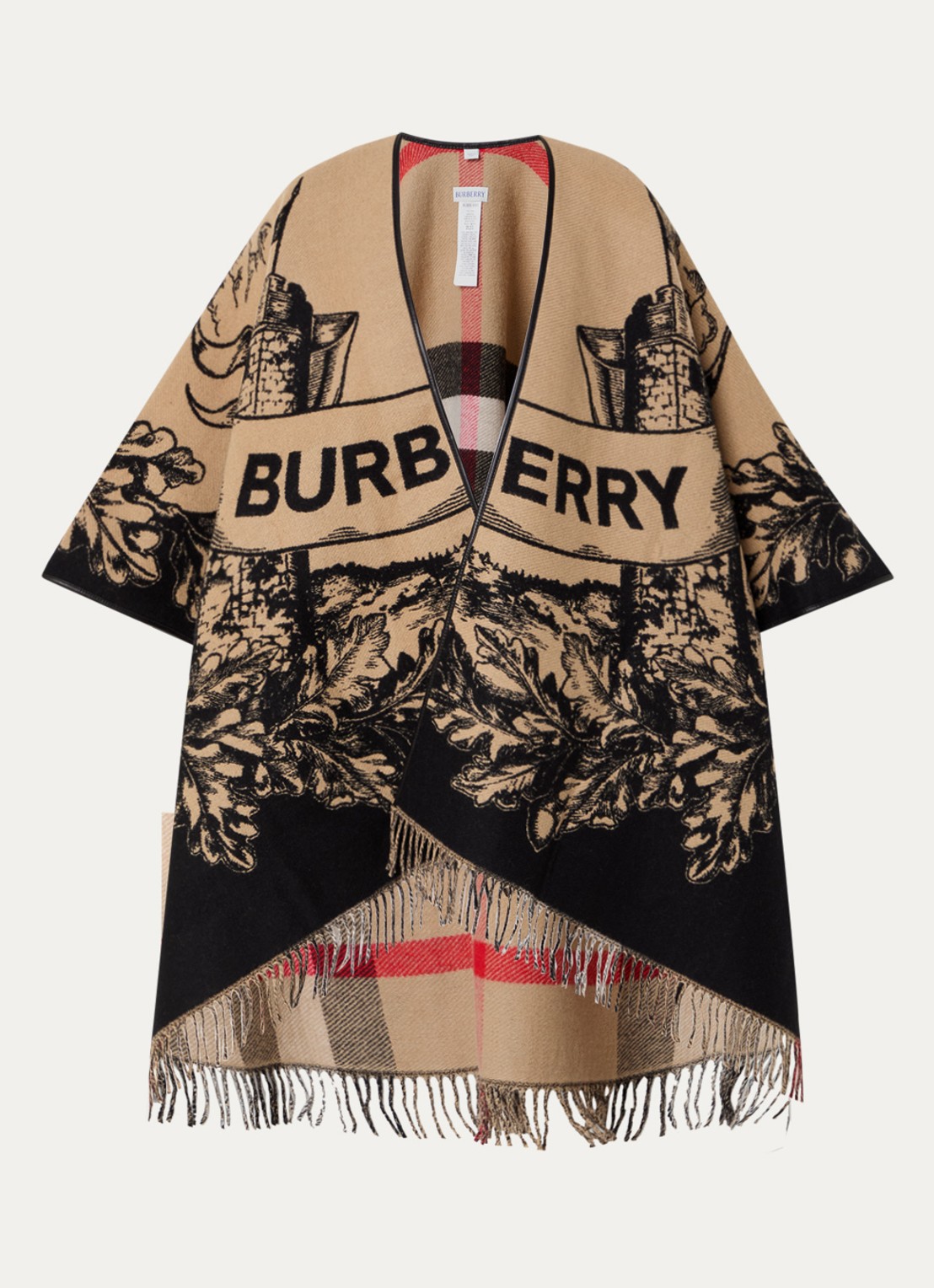 Burberry Cape van wol met logoprint en franjes - voorkant 2 beige