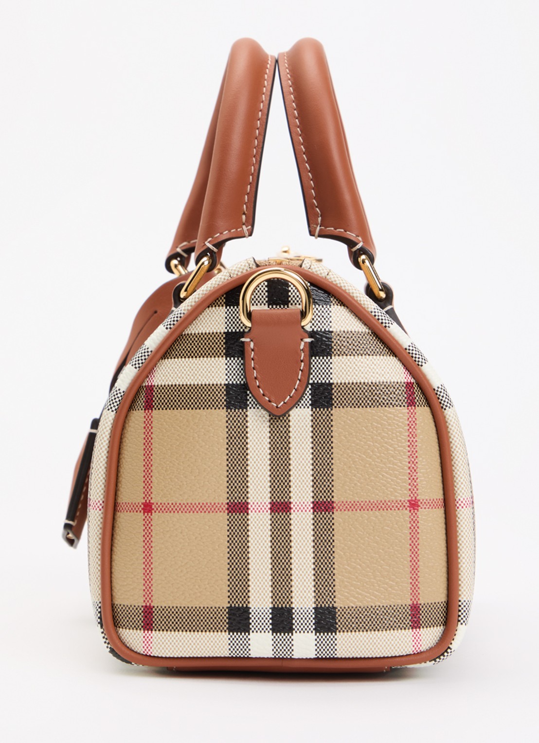 Burberry Check Mini Bowling handtas met kalfsleren details - detail 5 cognac