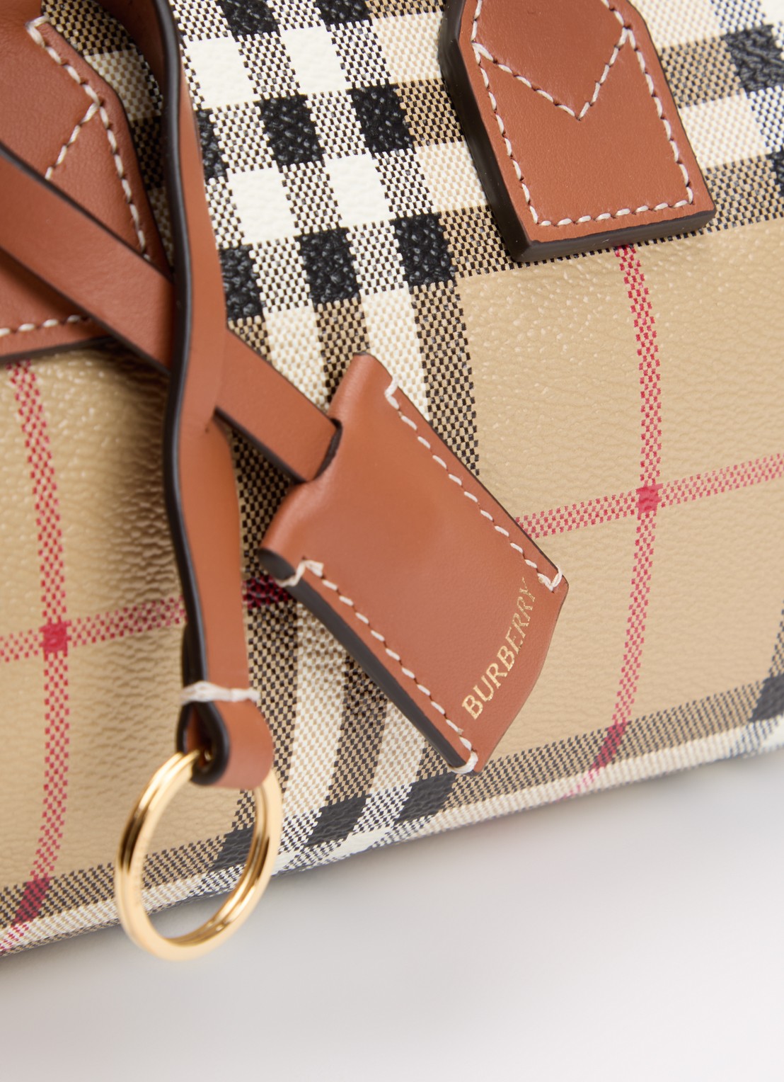 Burberry Check Mini Bowling handtas met kalfsleren details - detail 6 cognac