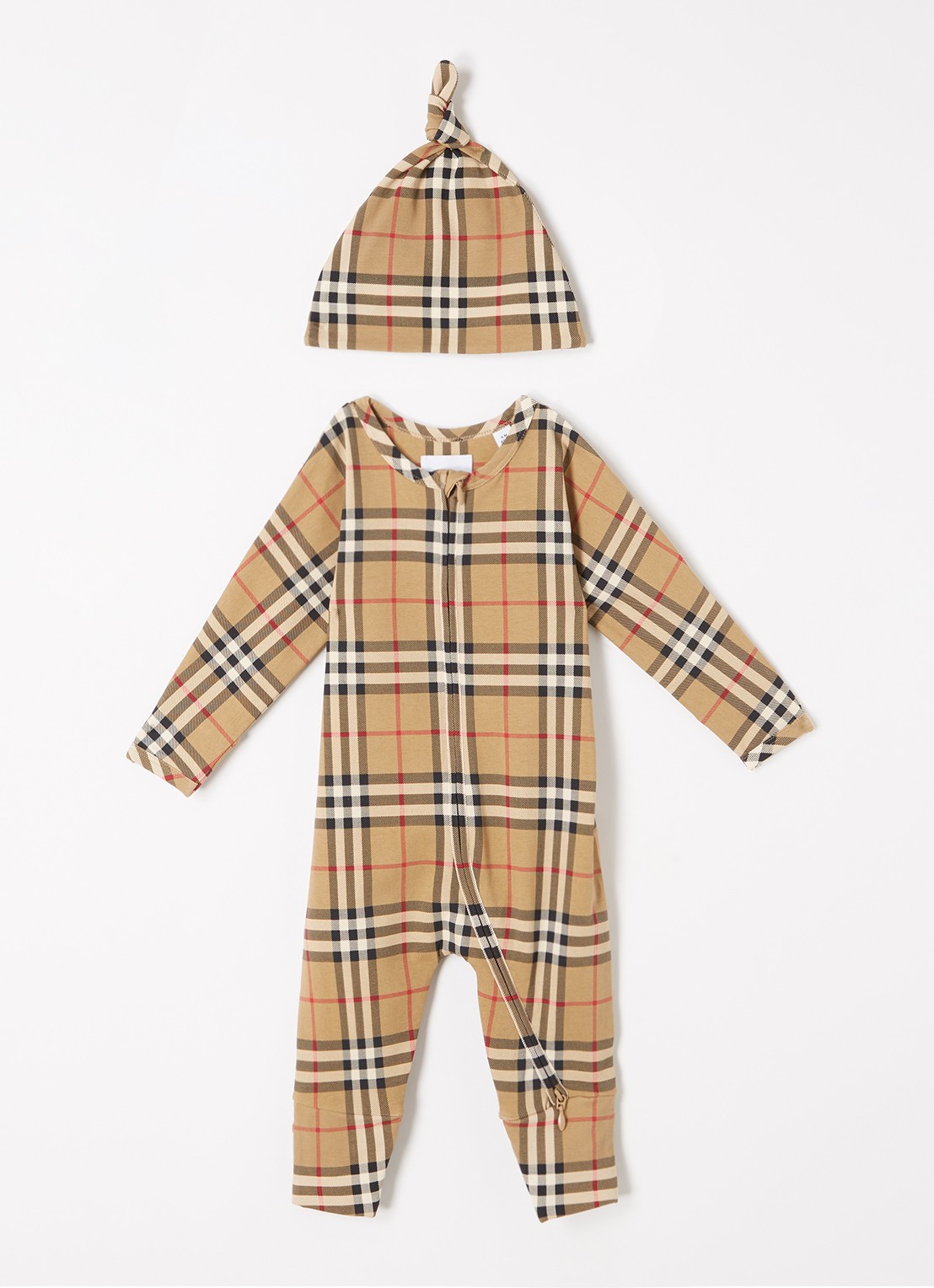 Burberry Claude babypak en muts met ruitdessin in giftbox 2-delig - voorkant beige