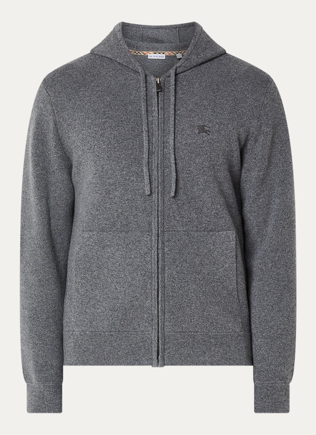 Burberry Fijngebreid vest in kasjmierblend met capuchon en logo - voorkant 5 grijsmele