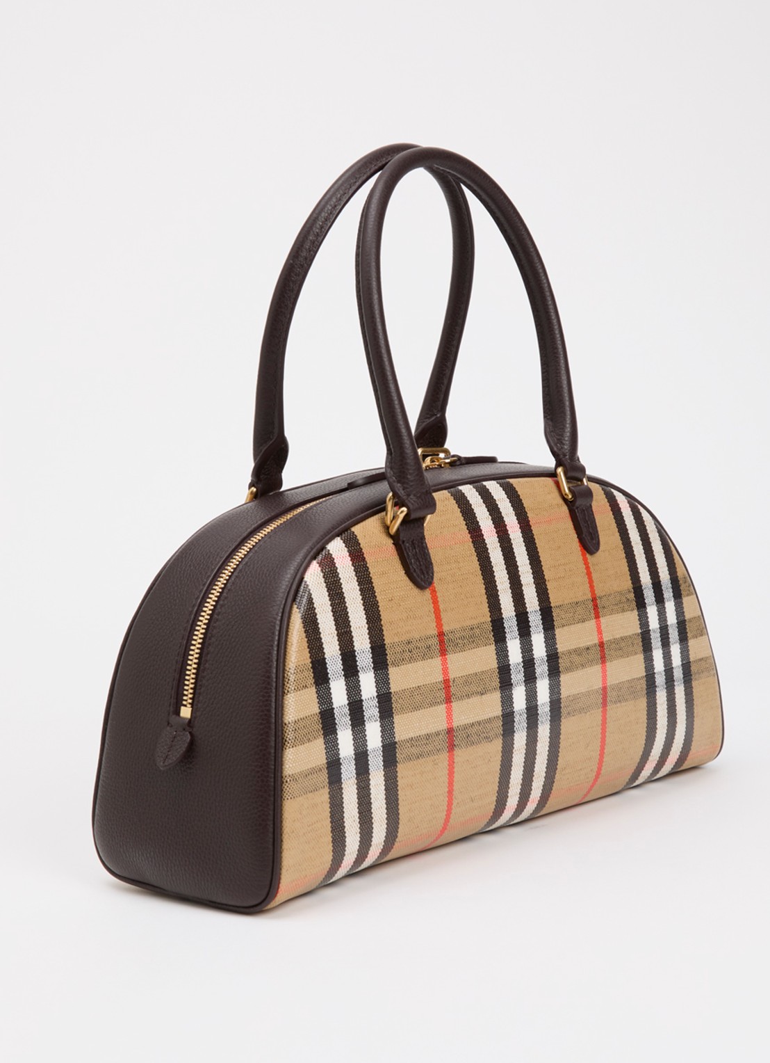 Burberry Highlands handtas met kalfsleren details en ruitdessin  - achterkant zand