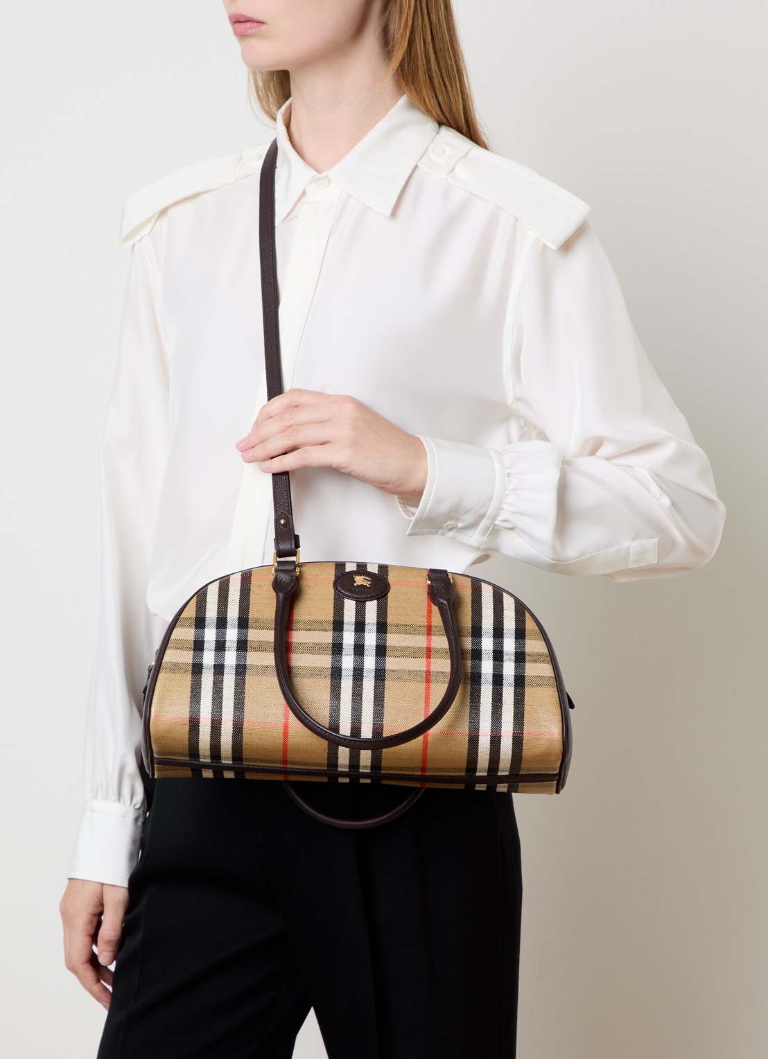 Burberry Highlands handtas met kalfsleren details en ruitdessin  - voorkant 3 zand