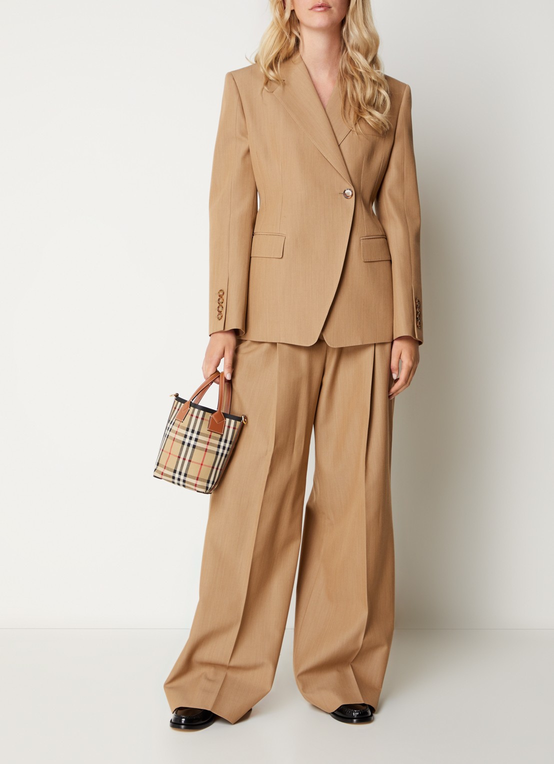 Burberry London Mini shopper met ruitdessin en kalfsleren details - voorkant 7 beige