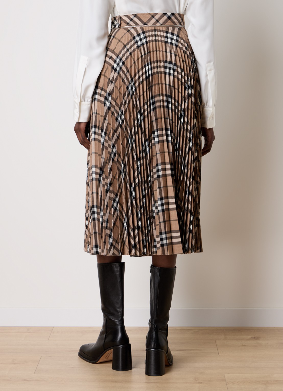 Burberry Midi rok in wolblend met plissé en ruitdessin - achterkant beige