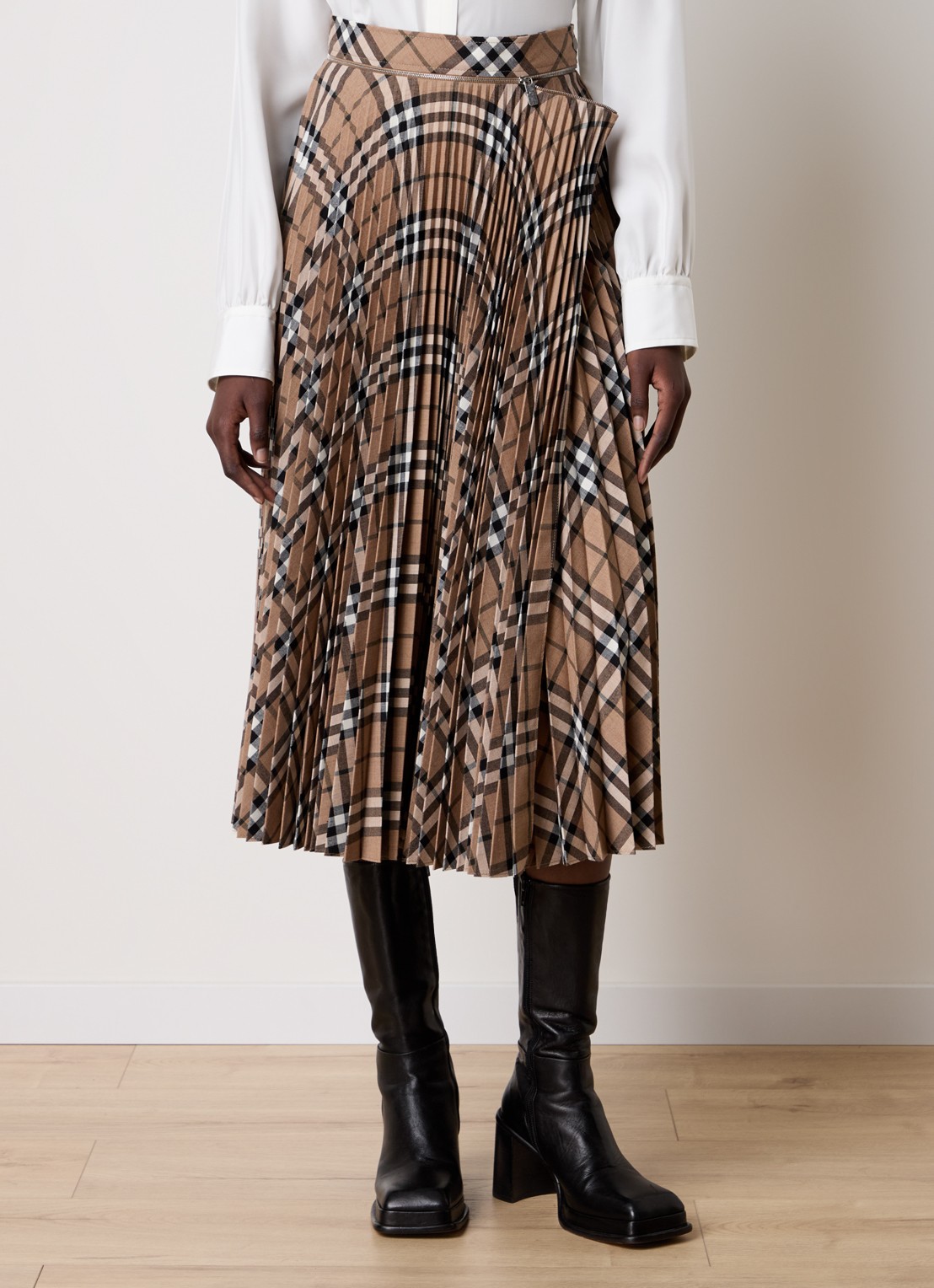 Burberry Midi rok in wolblend met plissé en ruitdessin - detail 2 beige
