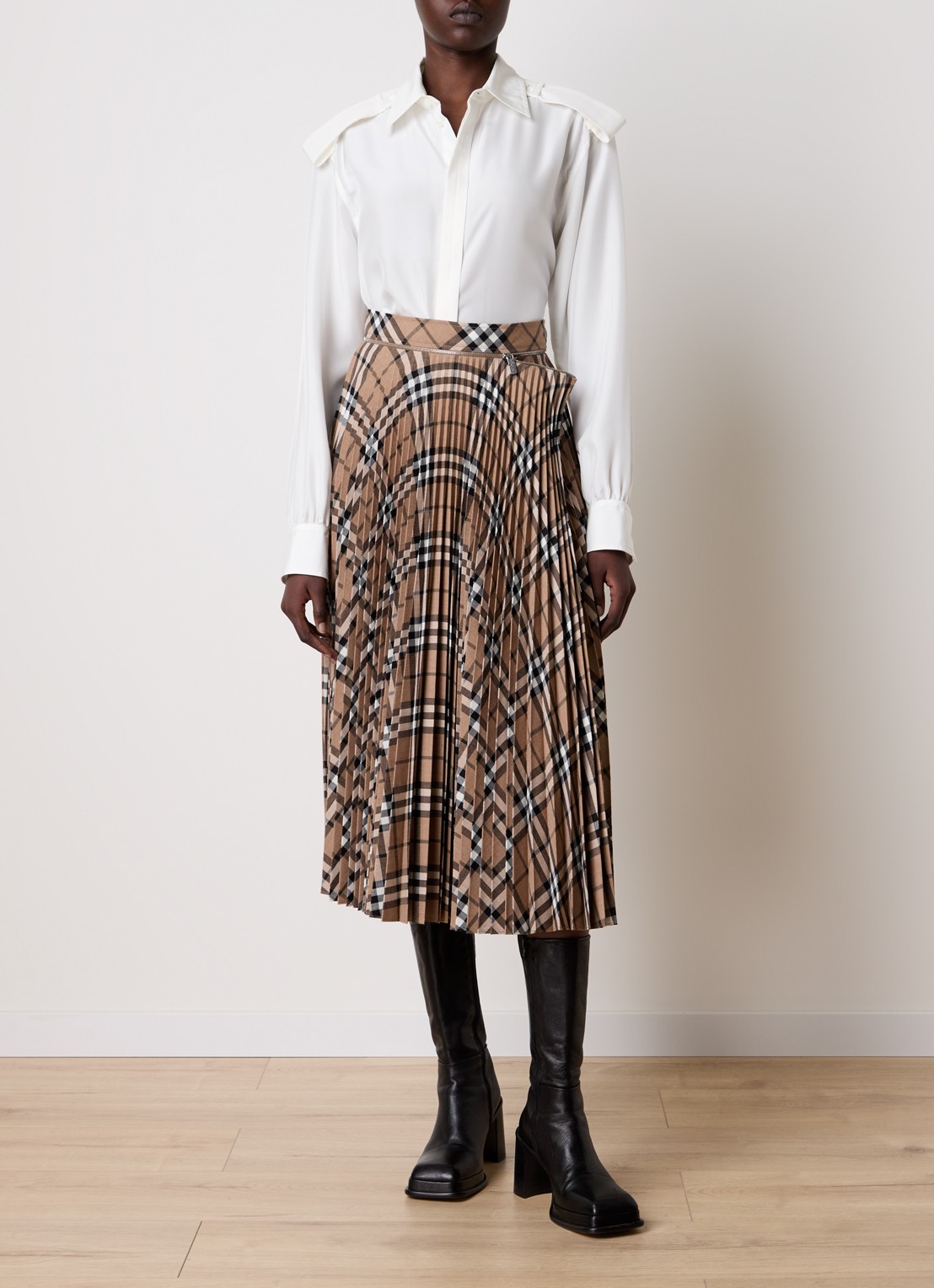 Burberry Midi rok in wolblend met plissé en ruitdessin - voorkant 5 beige