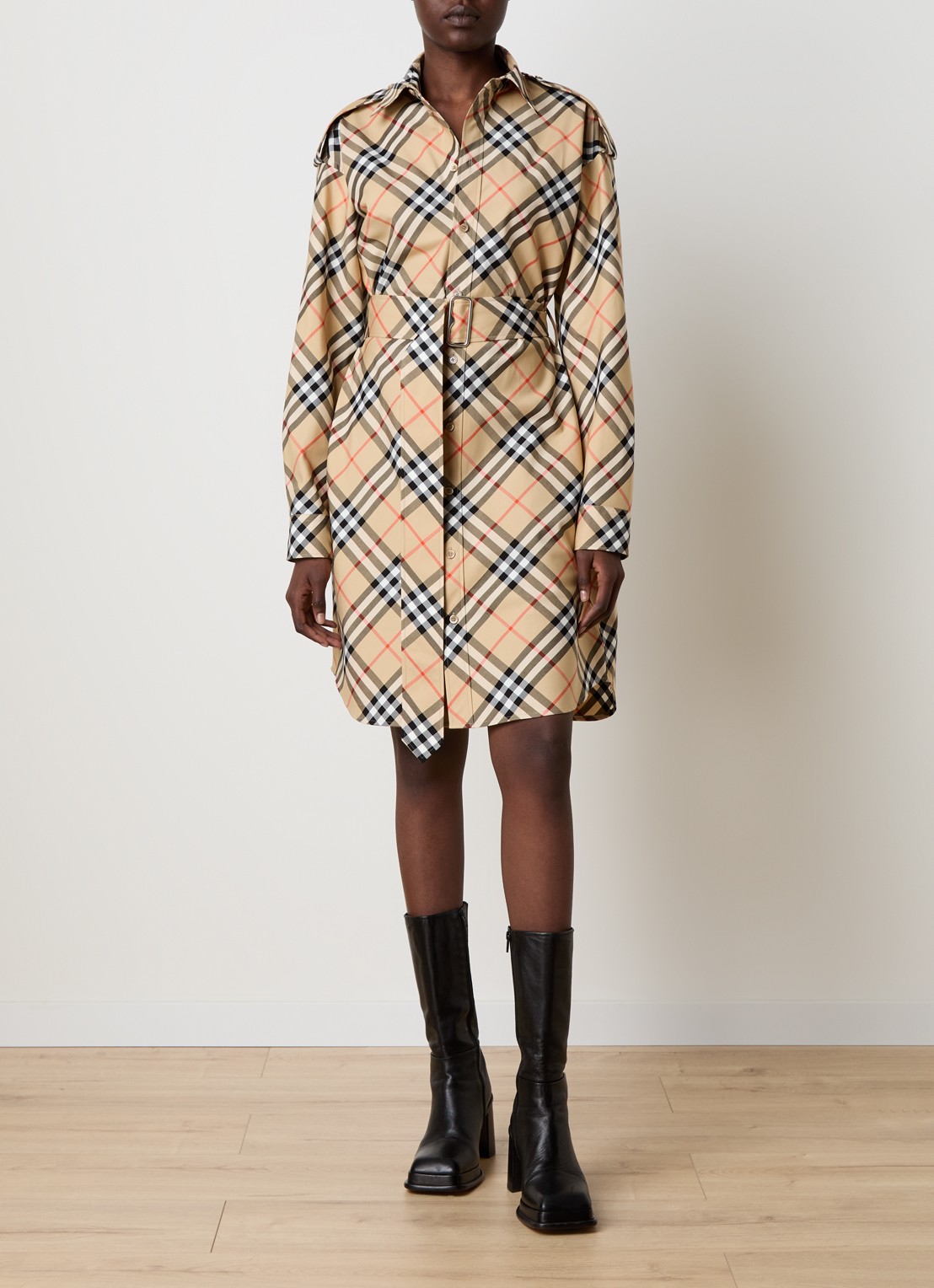 Burberry Mini blousejurk met ruitdessin en strikceintuur - voorkant 5 camel