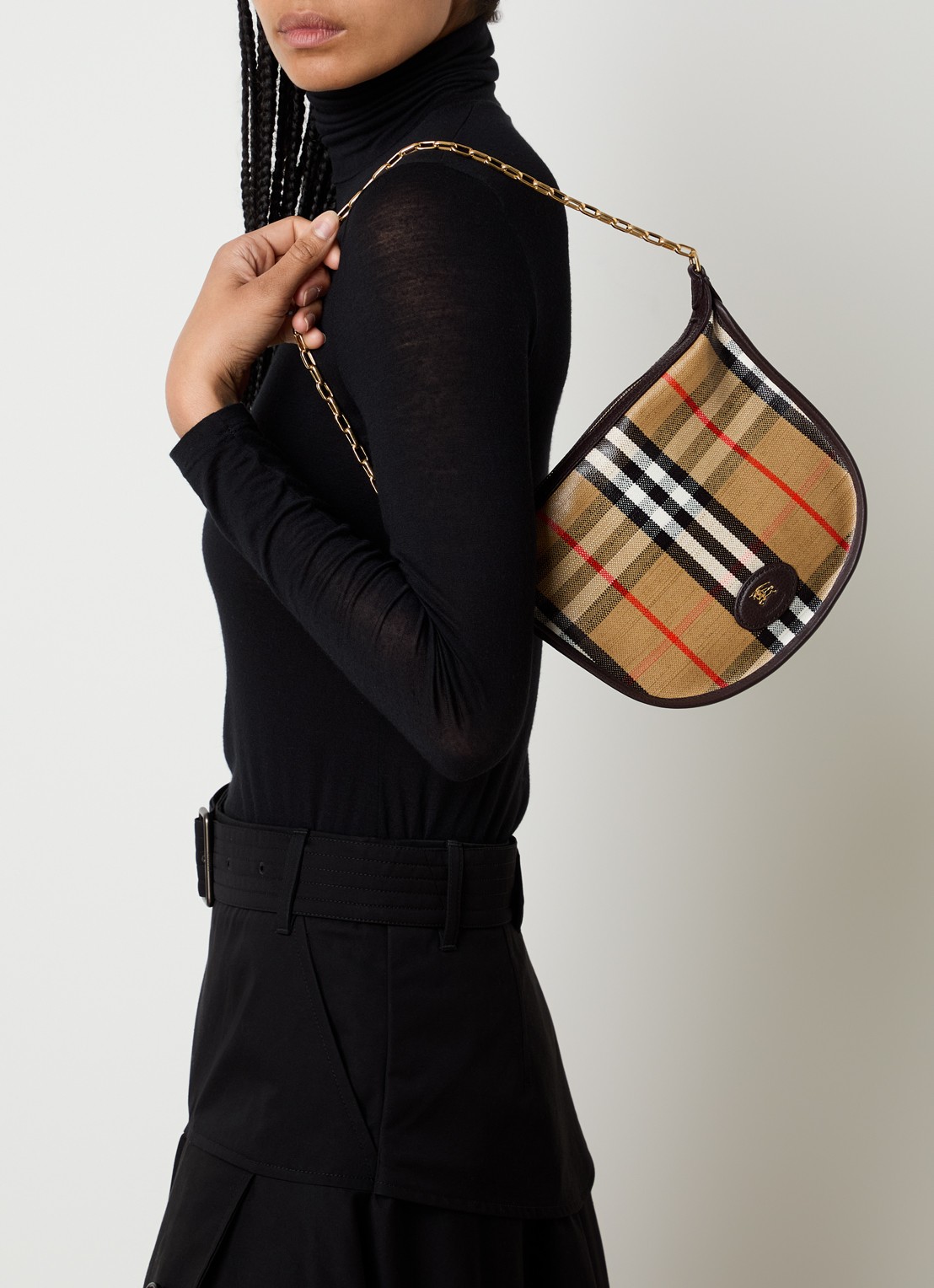 Burberry Mini Highlands schoudertas met ruitdessin en details van kalfsleer - voorkant 7 zand
