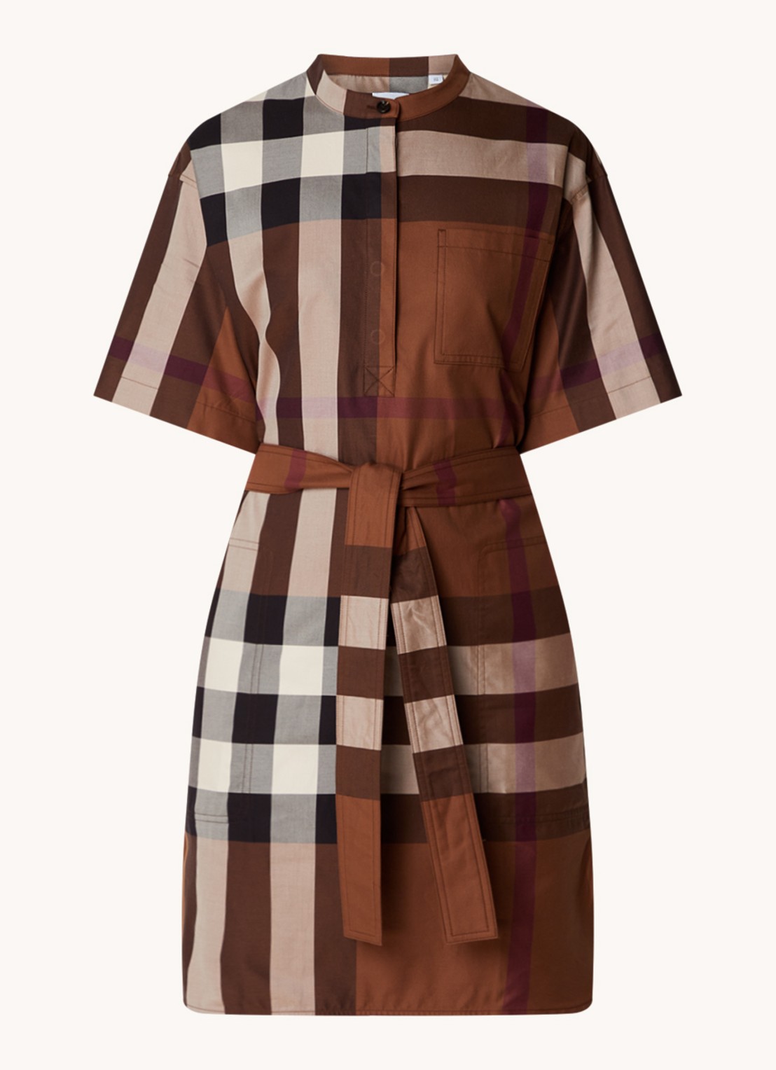 Burberry Mini tuniekjurk met ruitdessin en strikceintuur - voorkant 4 cognac