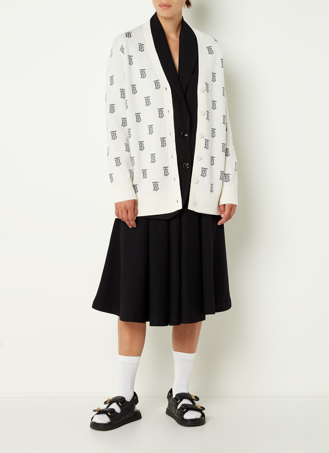 Burberry Salena fijngebreid vest in zijdeblend met ingebreid logopatroon - voorkant 5 gebroken wit