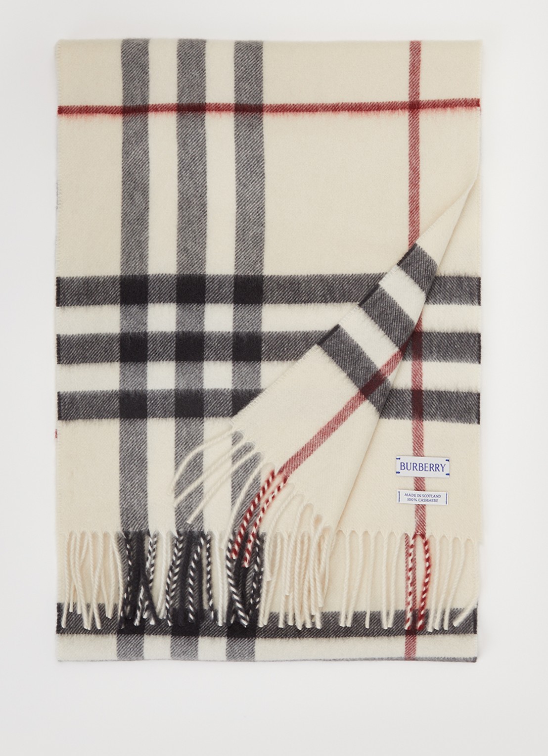 Burberry Sjaal van kasjmier met ruitdessin en franjes 170 x 30 cm  - voorkant beige
