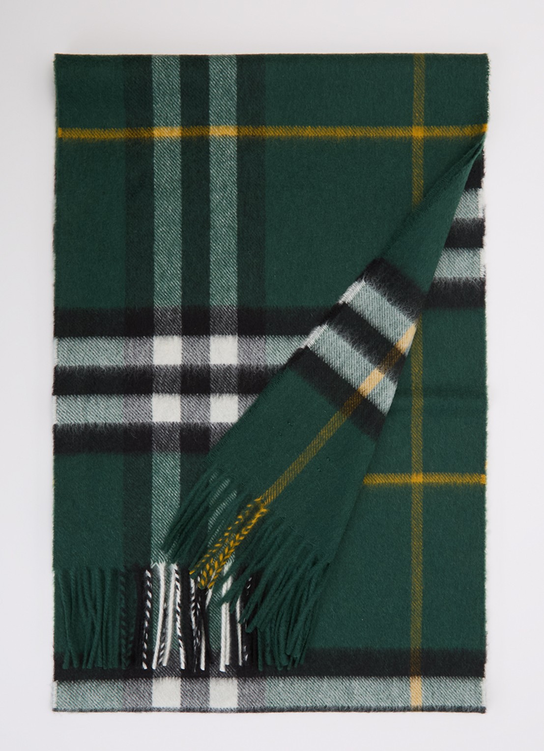 Burberry Sjaal van kasjmier met ruitdessin en franjes 170 x 30 cm  - voorkant groen