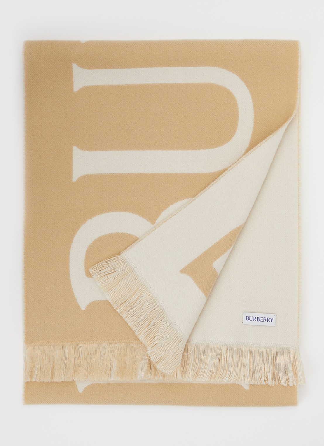Burberry Sjaal van wol met logoprint 170 x 30 cm  - voorkant 2 donkerbeige