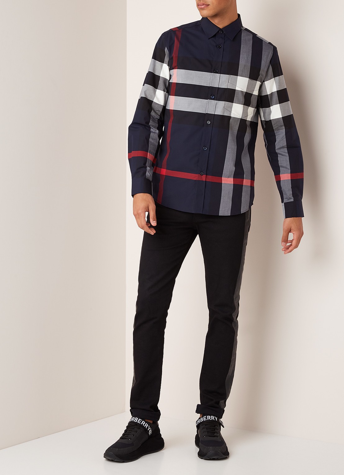 Burberry Somerton slim fit overhemd met ruitdessin - voorkant 3 donkerblauw