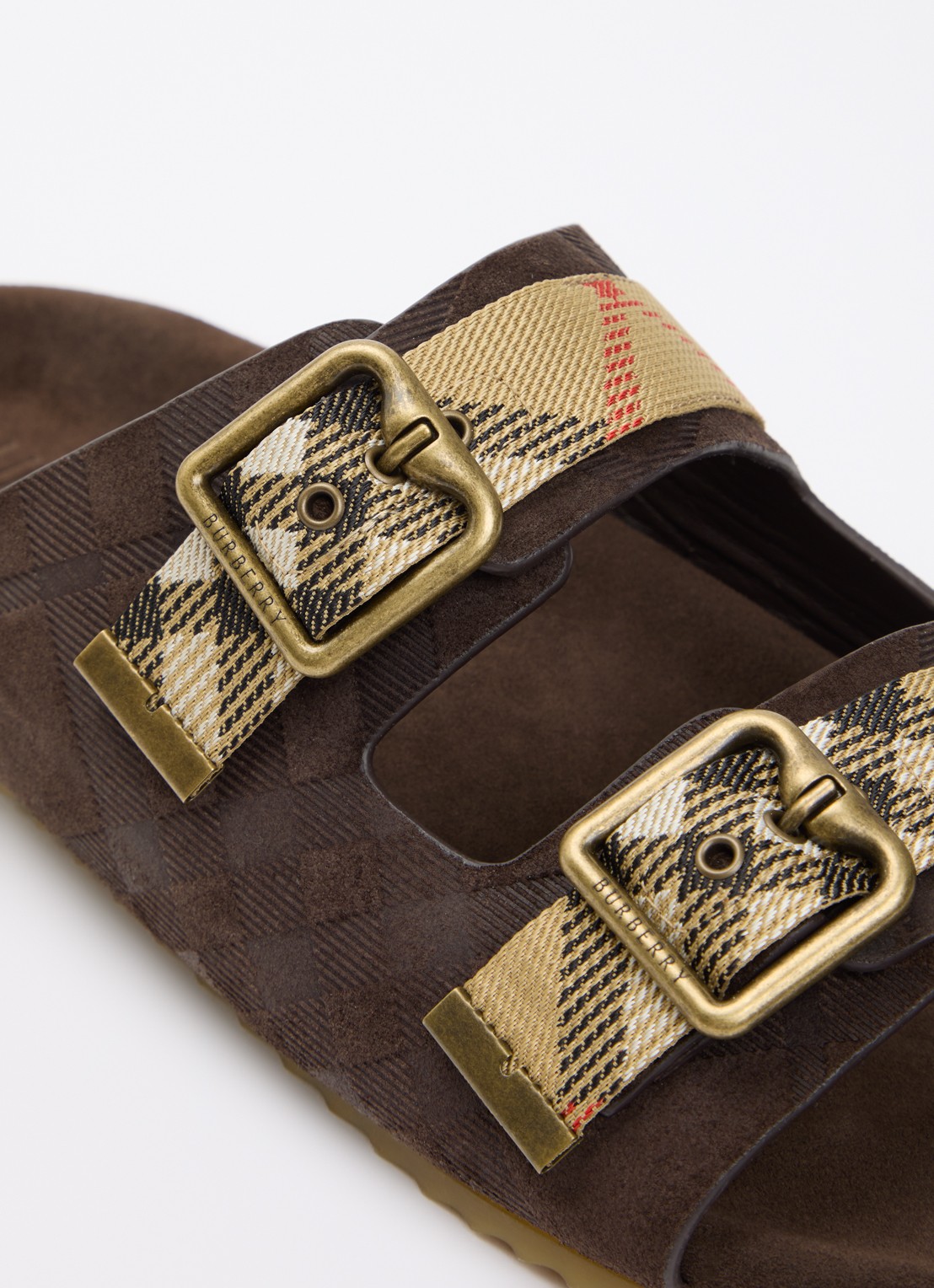 Burberry Urchin slipper van kalfssuède met ruitdessin - detail 5 donkerbruin