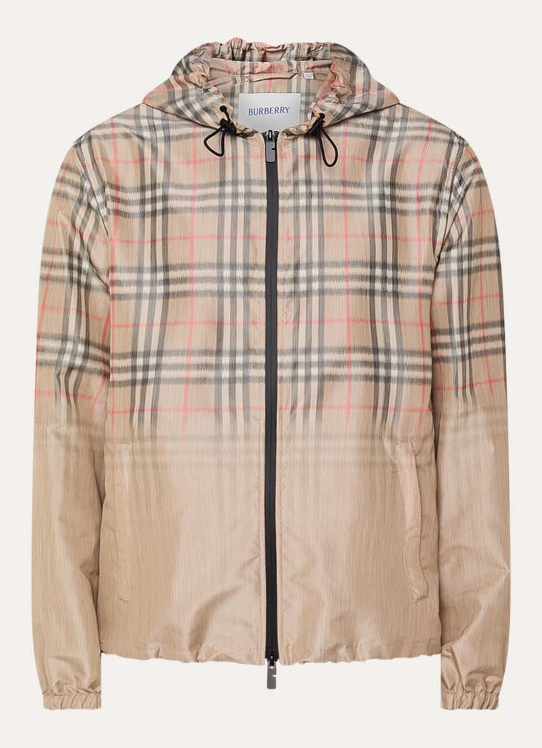 Burberry windjack met ruitdessin en capuchon - voorkant beige
