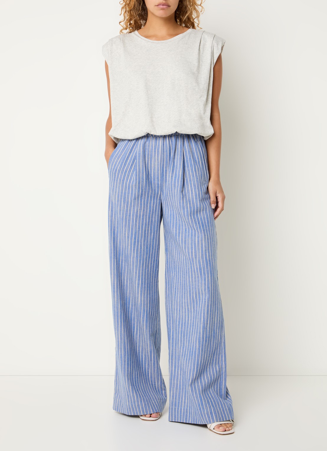 by-bar Benji high waist loose fit pantalon met streepprint - voorkant 2 donkerblauw