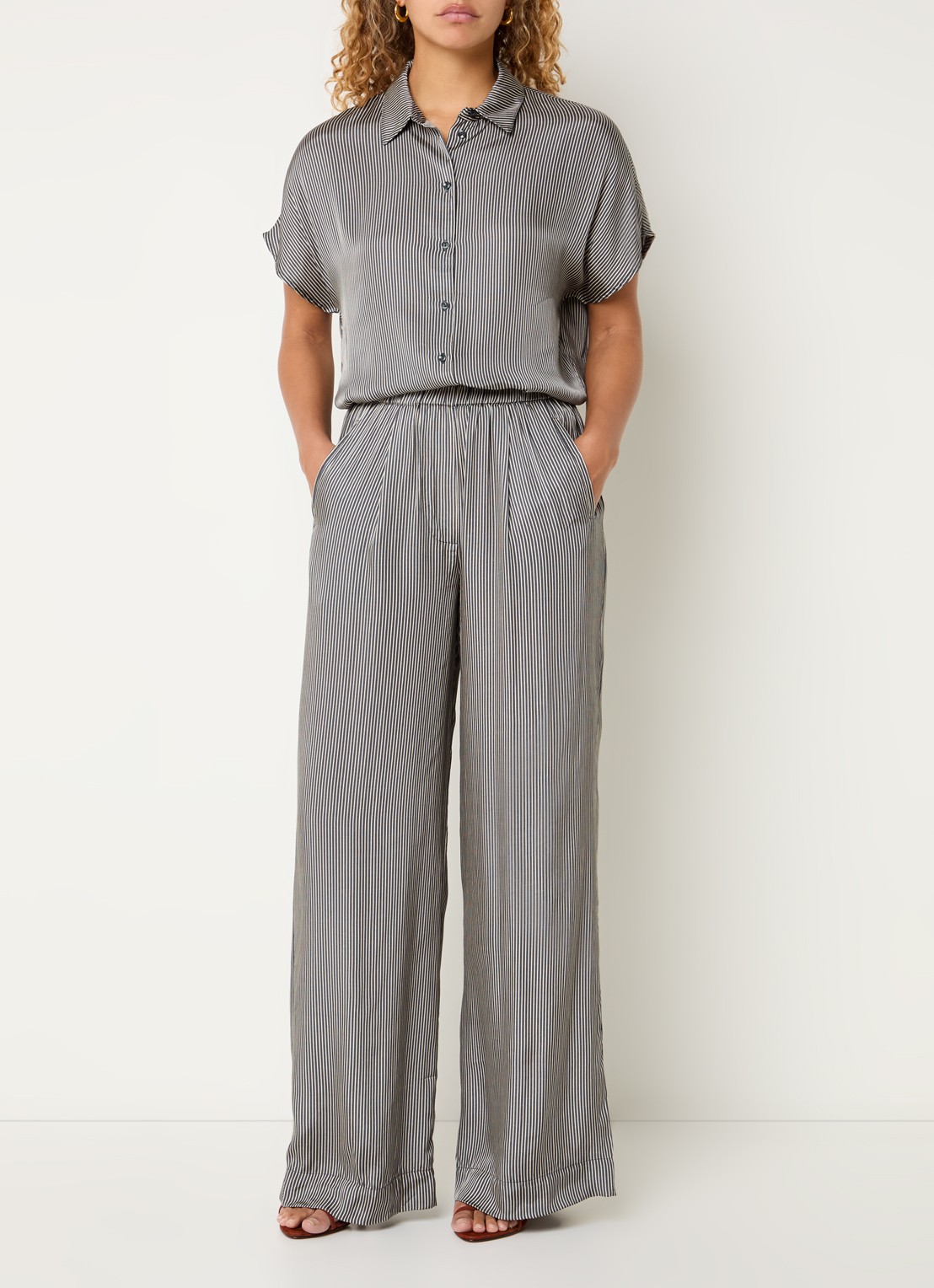 by-bar Benji high waist loose fit pantalon met streepprint - voorkant 4 antraciet