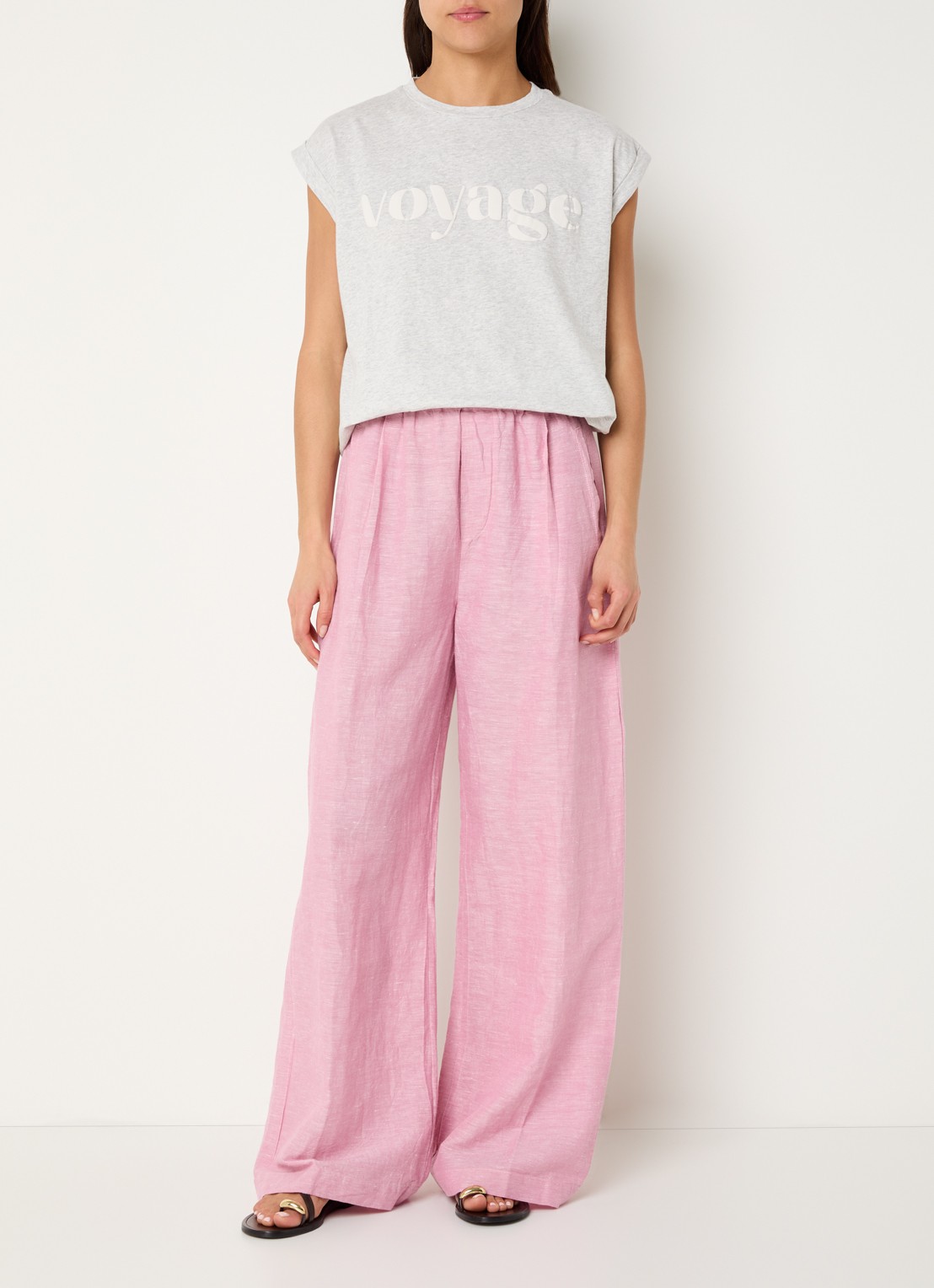 by-bar Benji high waist wide fit broek in linnenblend met steekzakken  - voorkant 4 roze