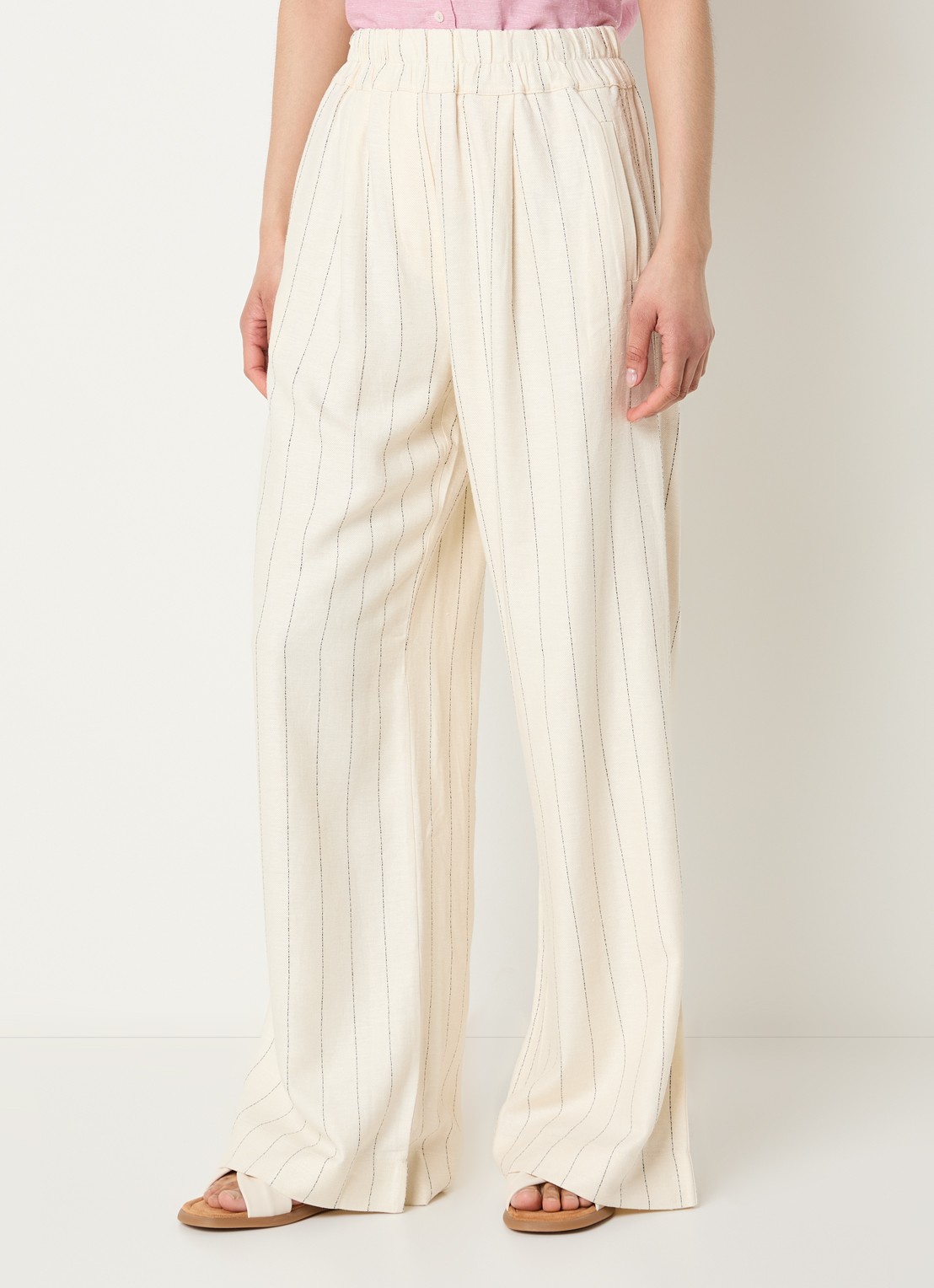 by-bar Benji high waist wide fit broek in linnenblend met streepprint - detail 2 gebroken wit