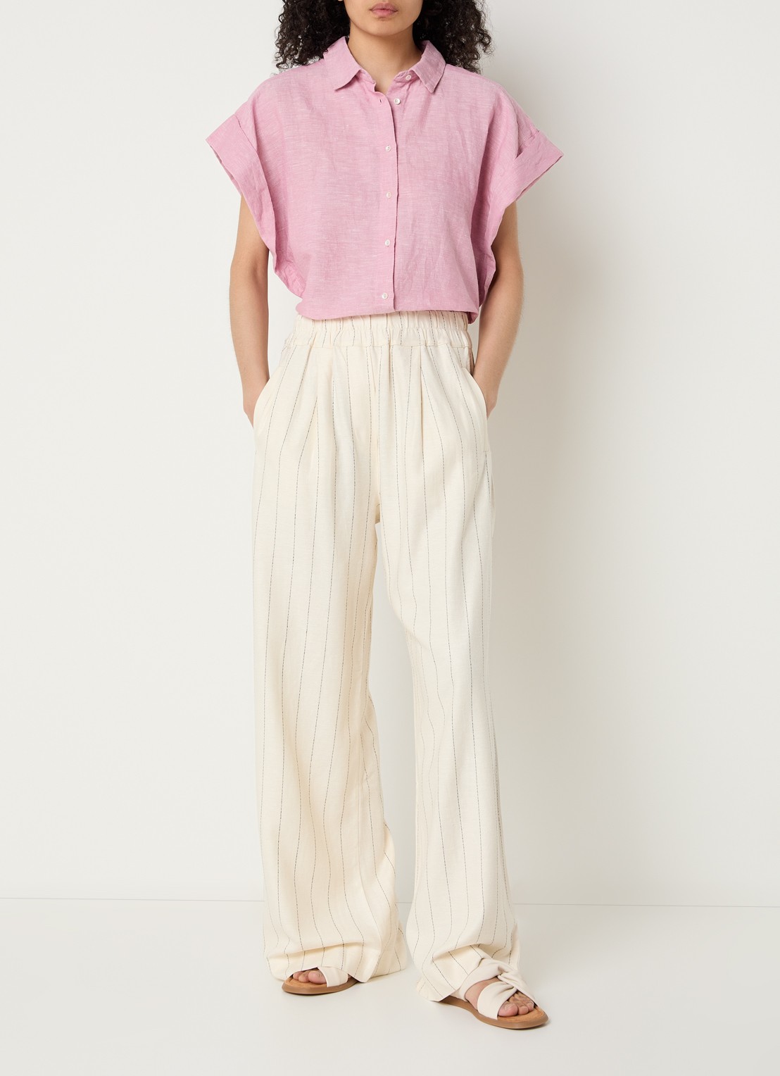 by-bar Benji high waist wide fit broek in linnenblend met streepprint - voorkant 4 gebroken wit